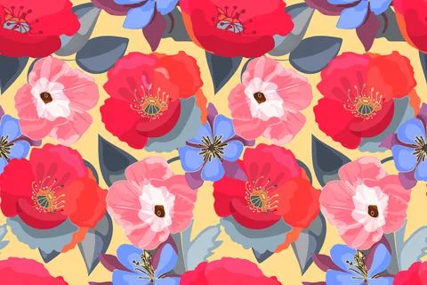 Art vector floral seamless pattern. Poppy, Ipomoea Stock Illustration