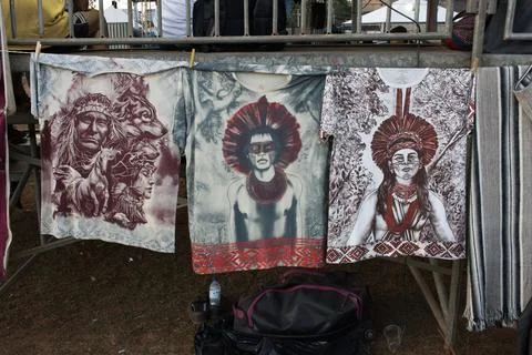 Art Work designed on T-Shirts made by the Indigenous Indian of Brazil Stock Photos