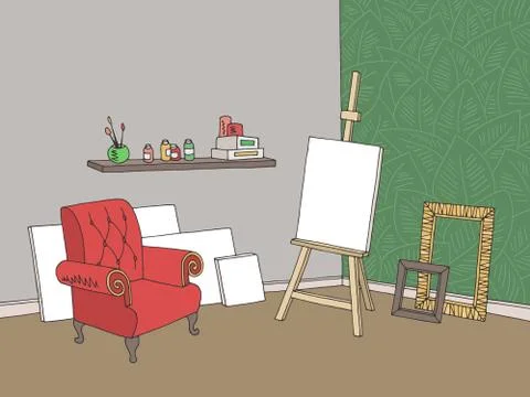Art workshop graphic color interior sketch illustration vector Illustrazione stock
