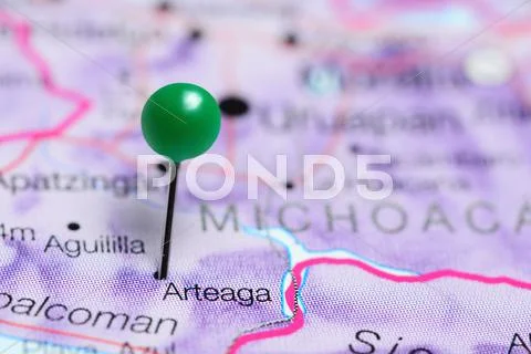 Arteaga pinned on a map of Mexico Stock Photos