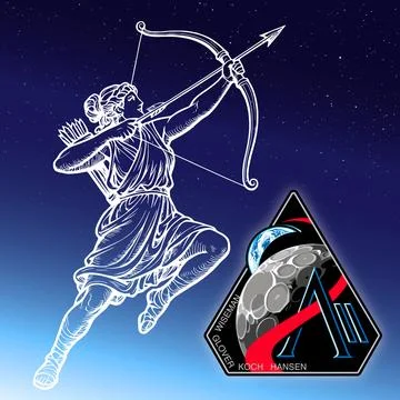 Artemis II moon mission patch with representation of Artemis, illustration Stock Illustration
