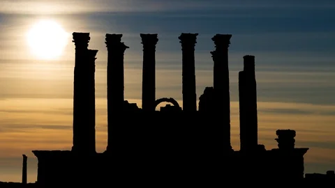 Artemis Temple Ruins: Time Lapse at Sunset, Gerasa, Jerash, UNESCO, Jordan Stock Footage 127129470