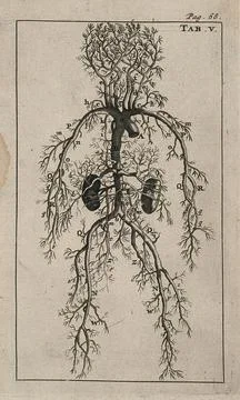 The arterial system of human foetus. Engraving, 1686, after Grard de Laires.. Stock Illustration