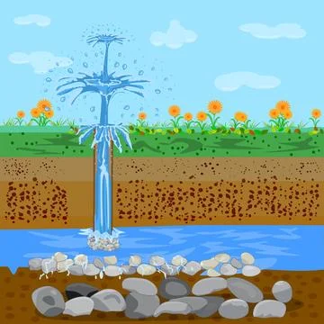 Artesian aquifer. Underground water resources. Fountain from groundwater. Stock Illustration