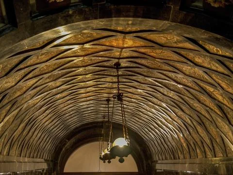 Artfully decorated ceiling with geometric patterns and decorative elements, Stock Photos