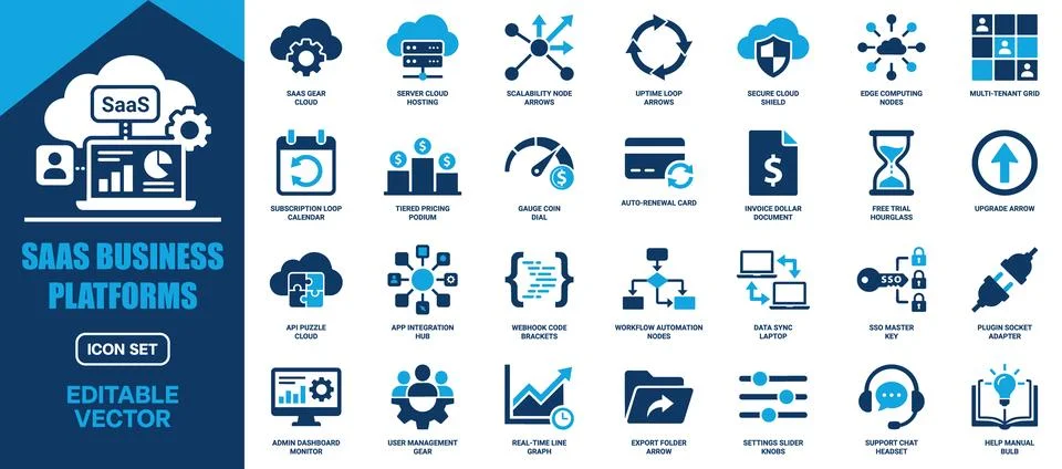 An artfully designed set of blue and white flat vector icons visually depic.. Stock Illustration