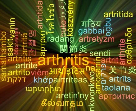 Arthritis multilanguage wordcloud background concept glowing Stock Illustration