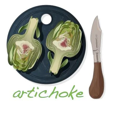 Artichoke on plate vector illustration set. Image isolated on white backgroun Stock Illustration