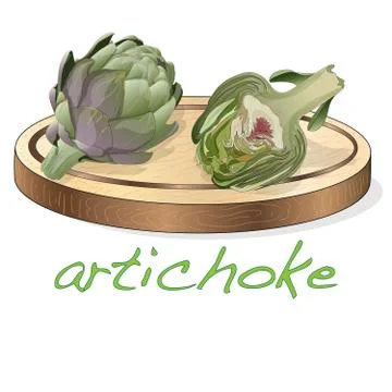 Artichoke on plate vector illustration set. Image isolated on white backgroun Stock Illustration
