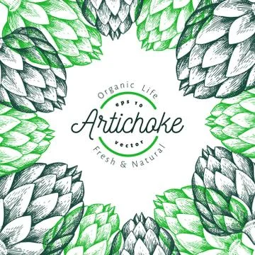 Artichoke vegetable design template. Hand drawn vector food illustration. Eng Stock Illustration