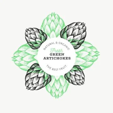 Artichoke vegetable design template. Hand drawn vector food illustration. Eng Stock Illustration