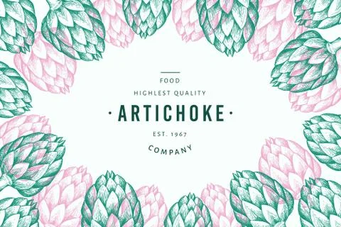 Artichoke vegetable design template. Hand drawn vector food illustration. Eng Stock Illustration
