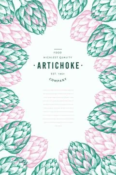 Artichoke vegetable design template. Hand drawn vector food illustration. Eng Stock Illustration