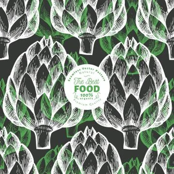 Artichoke vegetable seamless pattern. Hand drawn vector food illustration on  Stock Illustration