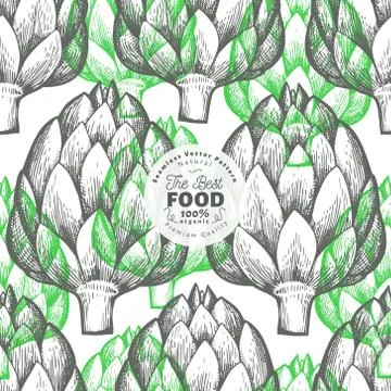 Artichoke vegetable seamless pattern. Hand drawn vector food illustration. En Stock Illustration