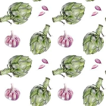This Artichokes and Garlic Pattern features intricate Photorealistic Details for Stock Illustration
