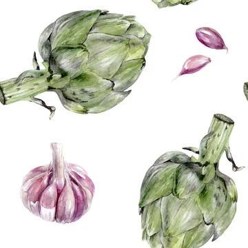 This Artichokes and Garlic Pattern features intricate Photorealistic Details for Stock Illustration