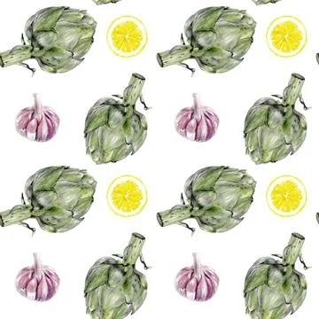 This Artichokes and Garlic Pattern features intricate Photorealistic Details for Stock Illustration