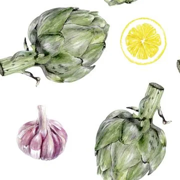 This Artichokes and Garlic Pattern features intricate Photorealistic Details for Stock Illustration