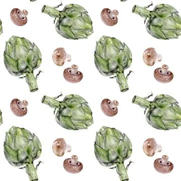 This Artichokes and Mushrooms Pattern features intricate Photorealistic Details Stock Illustration