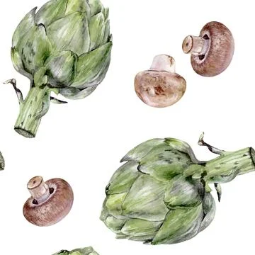 This Artichokes and Mushrooms Pattern features intricate Photorealistic Details Stock Illustration