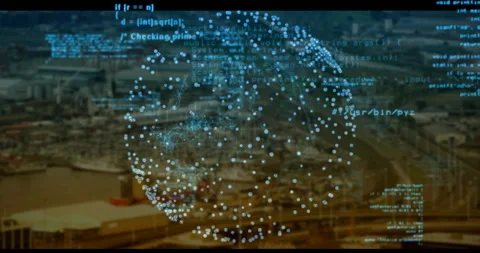 Artifact triggered 3D point cloud sphere rotating while code streaming Stock Footage 310434365