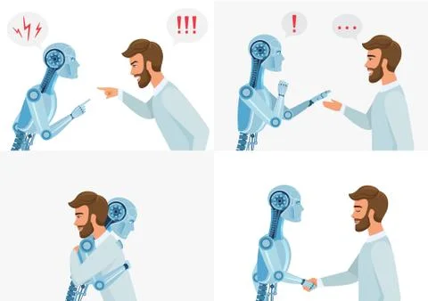 Artific intelligence interaction concept. Human and robot. Human and modern Stock Illustration