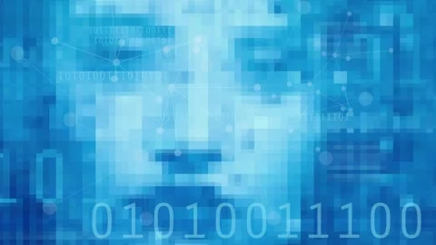 Artifical intelligence, digital identity, obscured Pixelated face, binary Stock Footage 244322545