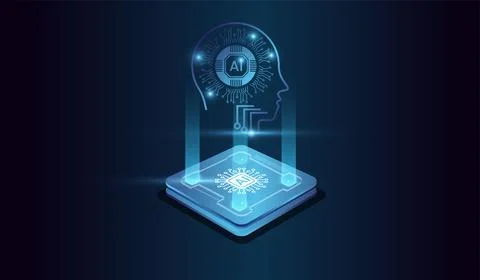 Artifical intelligence technology Head concept on Brightly glowing AI chip .. Stock Illustration