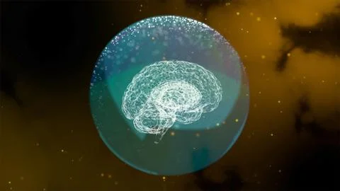 Artificial brain 3d model giving neuro impulses inside transparent sphere over Ilustração Stock