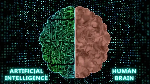 Artificial brain and human brain comparison animation with bright background Stock Footage 253556409