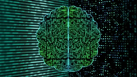 Artificial brain animation with binary code background and moving circuit lin Stock Footage 253555763