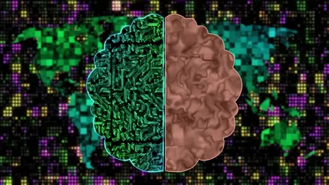 Artificial brain vs human brain animation on bright world map background Stock Footage 253555843
