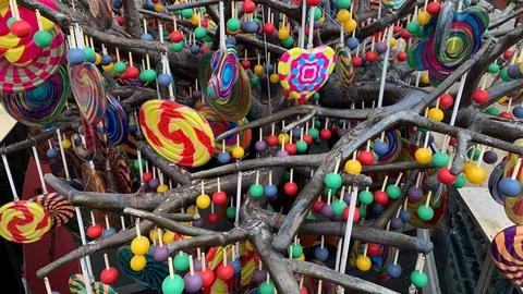 Artificial candy trees adorn a mall in Bali. Stock Photos