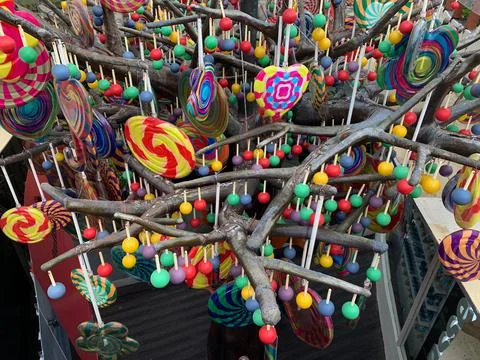 Artificial candy trees adorn a mall in Bali. Stock Photos