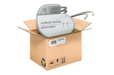 Artificial cardiac pacemaker inside cardboard box, delivery concept. 3D rende 스톡 일러스트