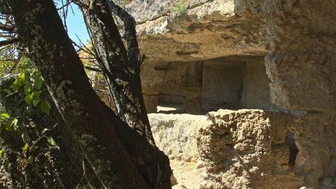 Artificial caves in the rocks. Stock Footage 80400937