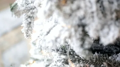 Artificial Christmas tree branch covered with snow close-up Stock Footage 100386633