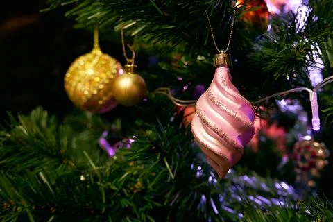 Artificial Christmas tree with decorations close up Stock-Fotos