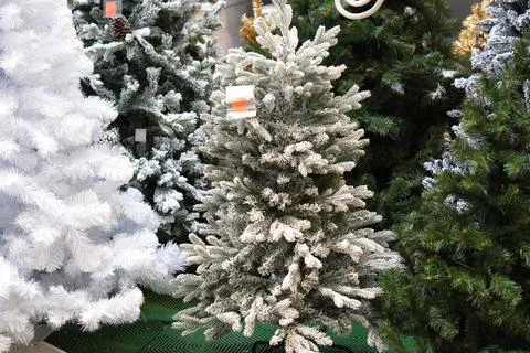 Artificial Christmas trees of different models in the hypermarket on sale i.. Foto stock