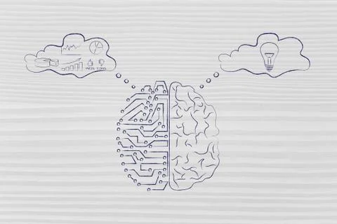 Artificial circuits and human brain with thought bubbles 库存插图