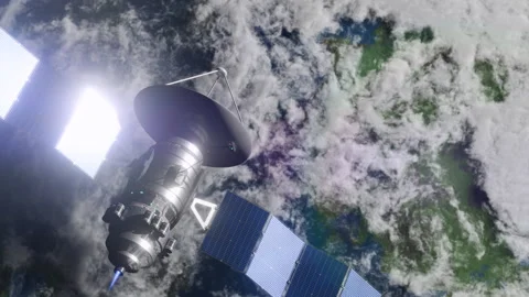 Artificial communication satellite orbiting planet earth Stockbeeldmateriaal 318226163