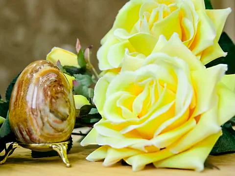 Artificial Easter brown egg and artificial yellow roses Stock Photos