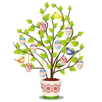 Artificial Easter plant with hanging decorated eggs and birds isolated on white Stock Illustration