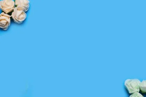 Artificial flowers on a blue background frame for text. copy space one Stock Photos