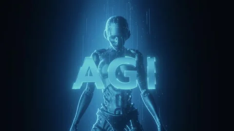 Artificial General Intelligence AGI Concept with Humanoid Robot Stock Footage 328042254