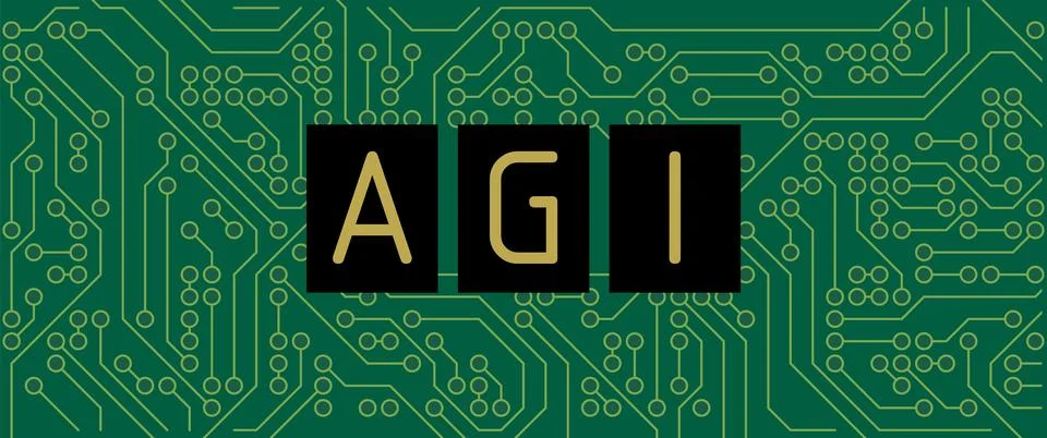 Artificial general intelligence AGI concept with golden letters on green circuit Stockillustratie