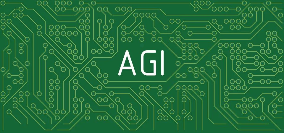 Artificial general intelligence AGI concept with golden letters on green circuit Illustrazione stock