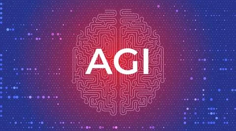 Artificial General Intelligence AGI Concept with Radiating Digital Network and Ilustração Stock