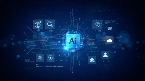Artificial General Intelligence (AGI) Technology Interface with AI Symbol Stock Footage 337862636